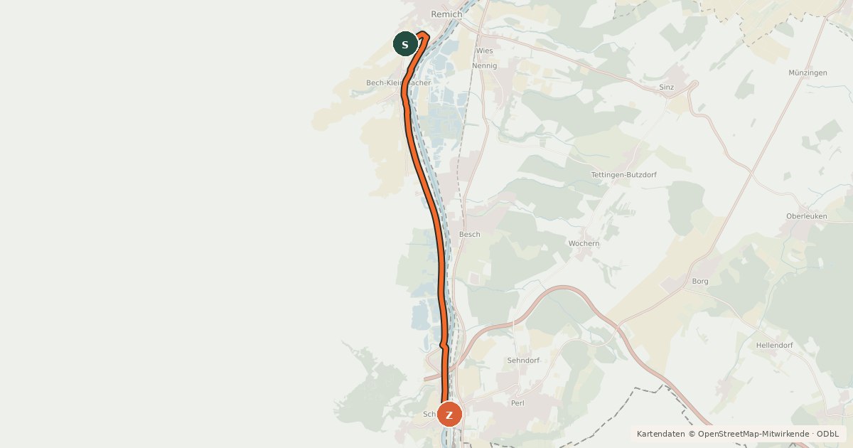 Kartenübersicht der Radroute EuroVelo 5 - Via Romea Francigena - part Luxembourg