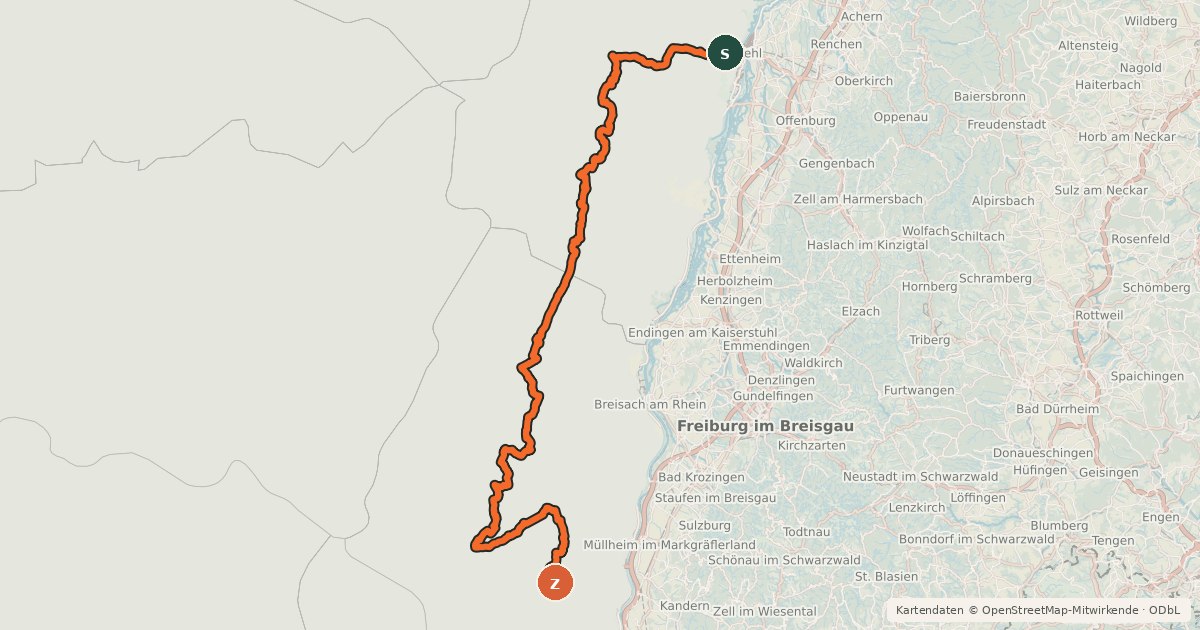 Kartenübersicht der Radroute EuroVelo 5 - Via Romea Francigena - Strasbourg to Saint-Louis