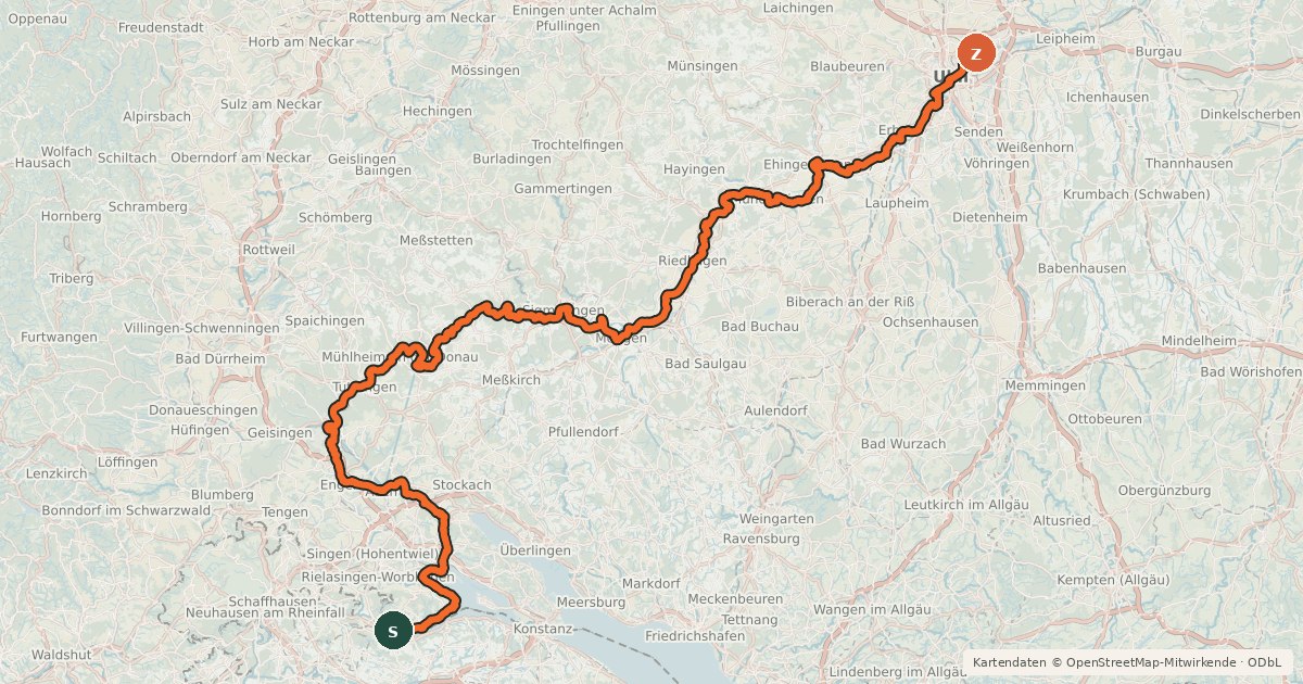 Kartenübersicht der Radroute EuroVelo 6 - Atlantic-Black Sea - part Germany - Baden-Württemberg