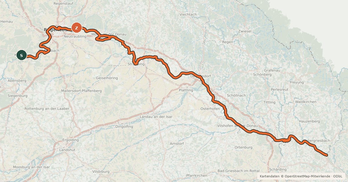 Kartenübersicht der Radroute EuroVelo 6 - Atlantic-Black Sea - part Germany - Bavaria