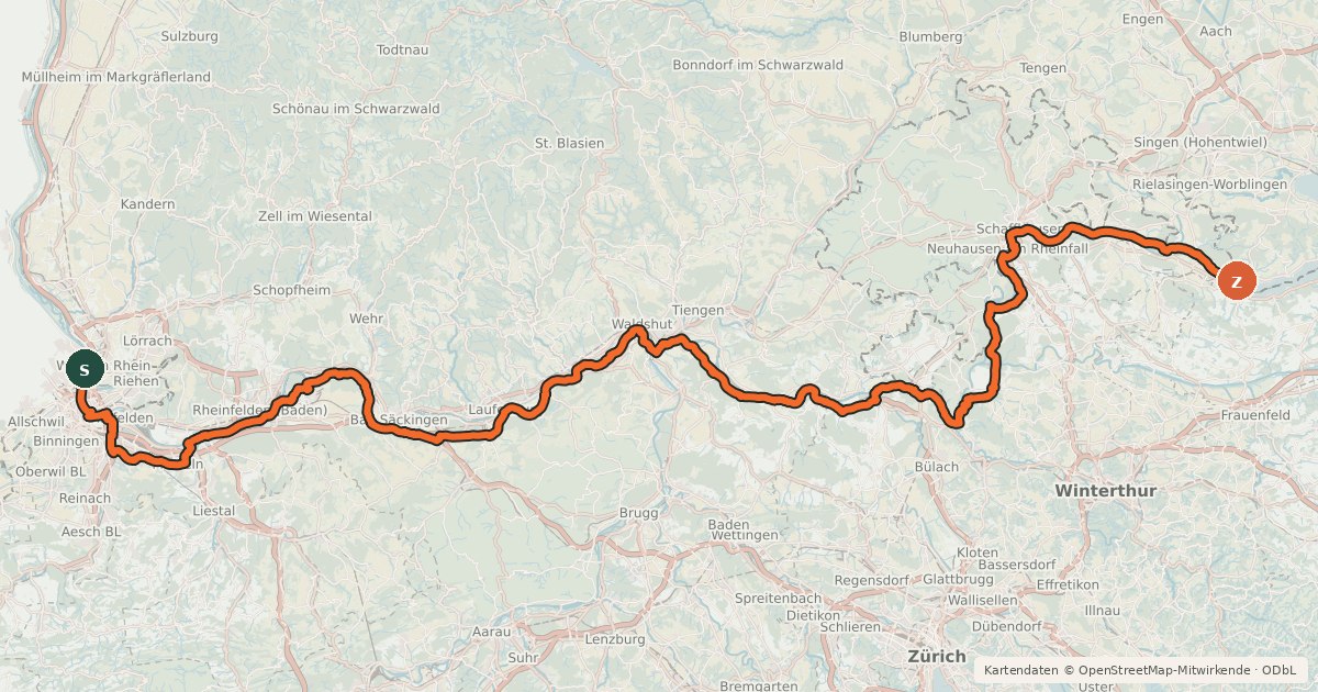 Kartenübersicht der Radroute EuroVelo 6 - Atlantic-Black Sea - part Switzerland