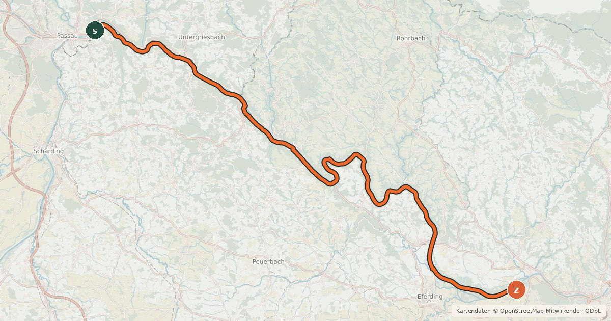 Kartenübersicht der Radroute EuroVelo 6 - part Austria - leg 1 south