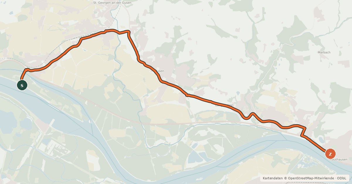 Kartenübersicht der Radroute EuroVelo 6 - part Austria - leg 4 north (St. Georgen - Mauthausen)