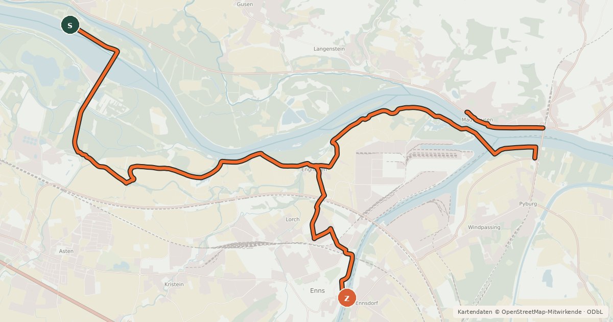 Kartenübersicht der Radroute EuroVelo 6 - part Austria - leg 4 south (St. Georgen - Mauthausen)