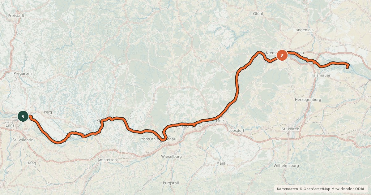 Kartenübersicht der Radroute EuroVelo 6 - part Austria - leg 6 north (Mauthausen - Altwörth)