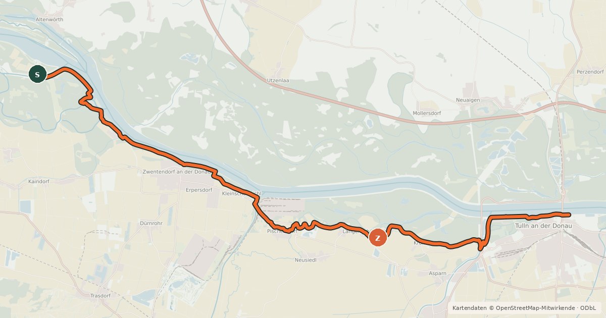 Kartenübersicht der Radroute EuroVelo 6 - part Austria - leg 7 common (Altenwörth - Tulln)