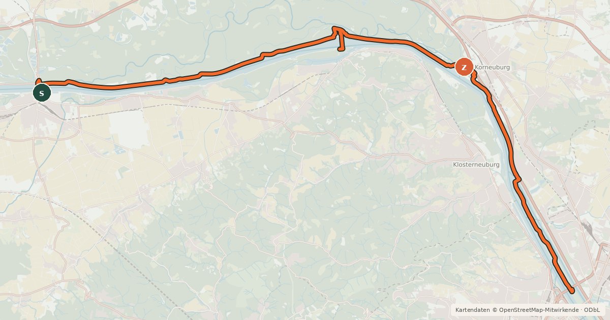 Kartenübersicht der Radroute EuroVelo 6 - part Austria - leg 8 north (Tulln - Wien)