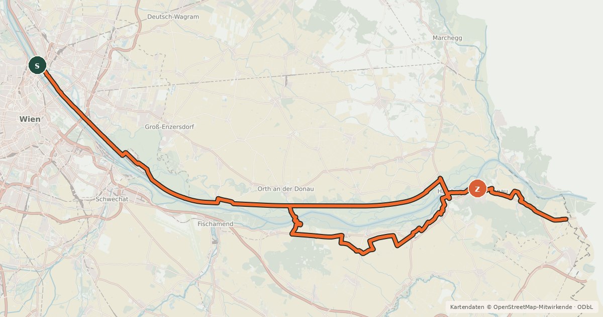 Kartenübersicht der Radroute EuroVelo 6 - part Austria - leg 9 common (Wien - Bratislava)