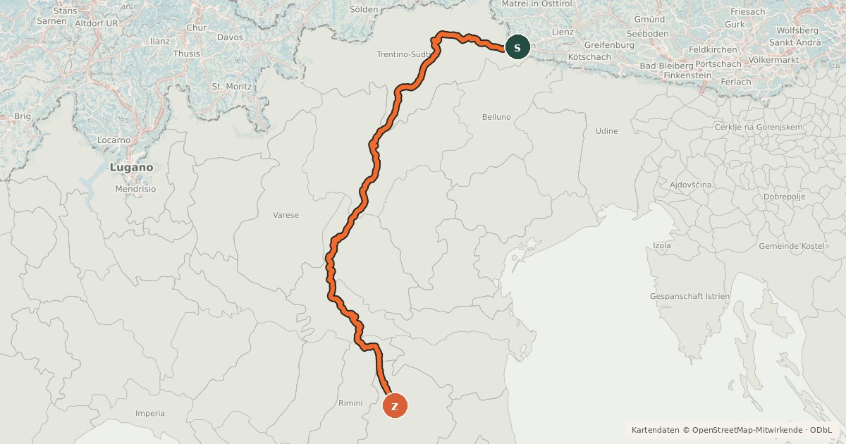 Kartenübersicht der Radroute EuroVelo 7 - Sun Route - part Italy 1