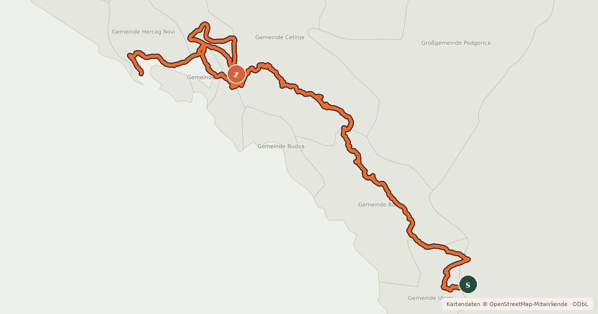 Kartenübersicht der Radroute EuroVelo 8 - Mediterranean Route - part Montenegro