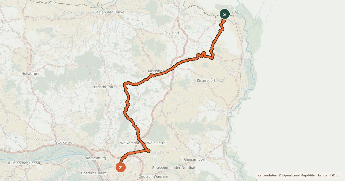 Kartenübersicht der Radroute EuroVelo 9 - Baltic-Adriatic – [AT]_1 - Břeclav-Wien