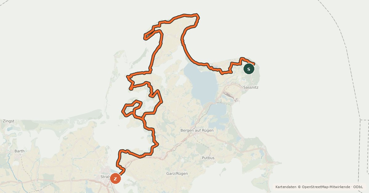 Kartenübersicht der Radroute EV10 Ostseeküsten-Radweg - Abschnitt Deutschland Rügen-Nord