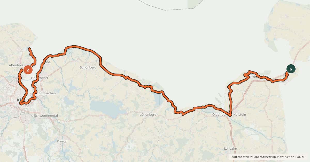 Kartenübersicht der Radroute EV10 Ostseeküsten-Radweg - Abschnitt Deutschland SH-Ost