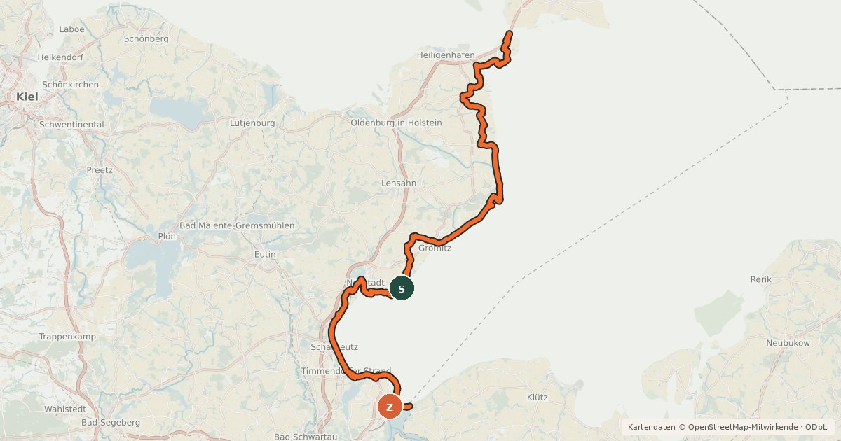 Kartenübersicht der Radroute EV10 Ostseeküsten-Radweg - Abschnitt Deutschland SH-Südost