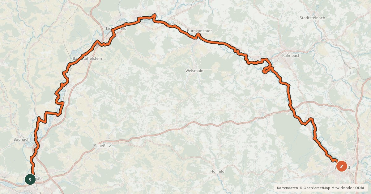 Kartenübersicht der Radroute EV4 Germany, Bamberg - Bayreuth