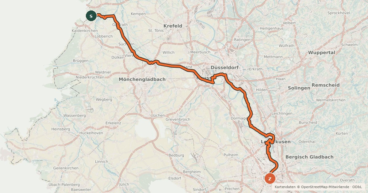 Kartenübersicht der Radroute EV4 Germany, border - Köln
