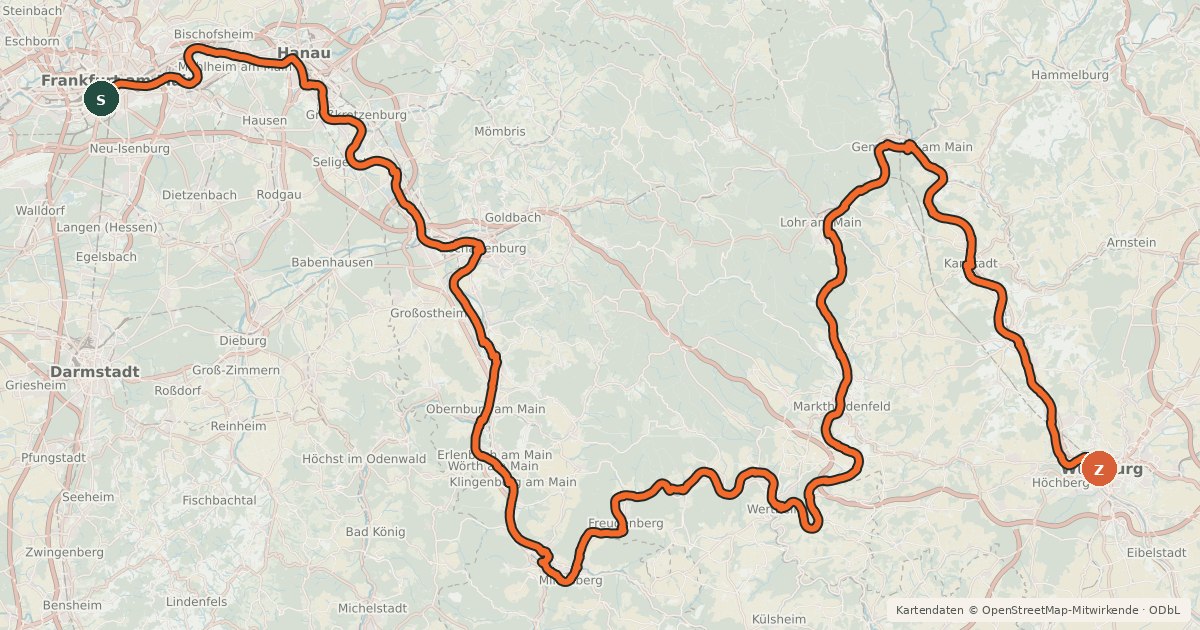 Kartenübersicht der Radroute EV4 Germany, Frankfurt - Wurzburg
