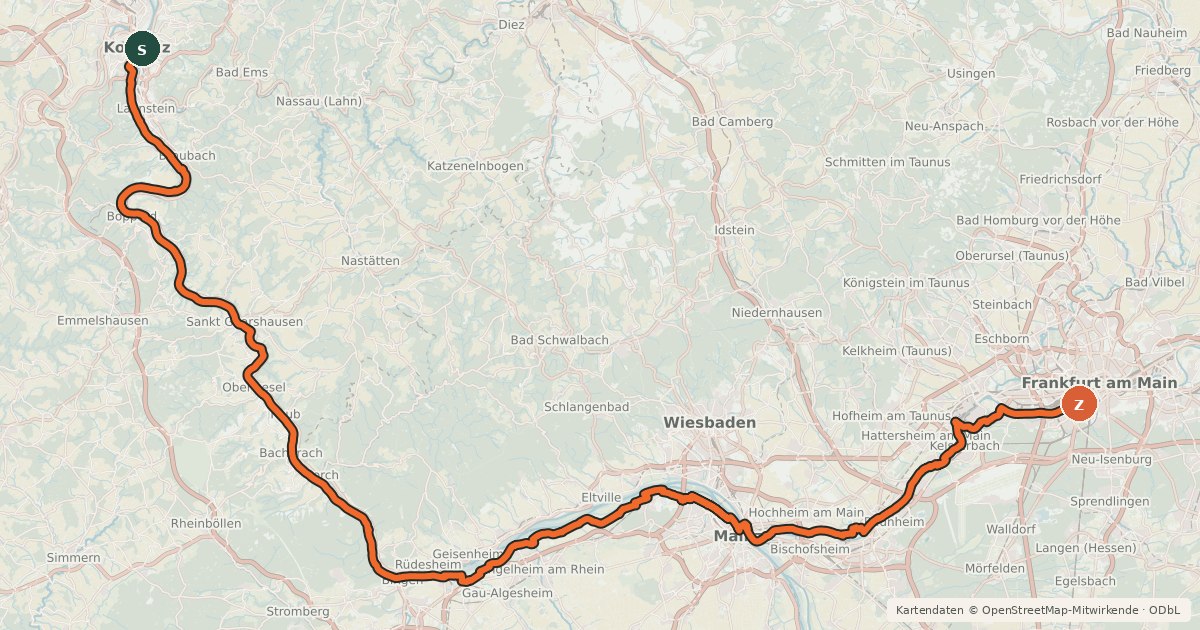 Kartenübersicht der Radroute EV4 Germany, Koblenz - Frankfurt