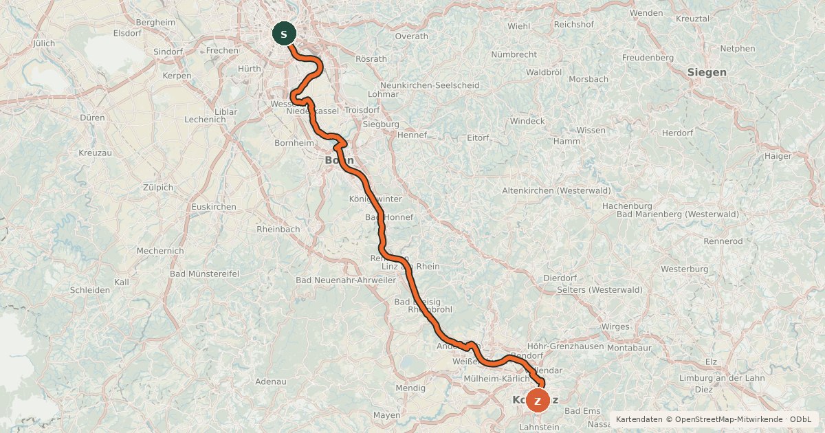 Kartenübersicht der Radroute EV4 Germany, Köln - Koblenz