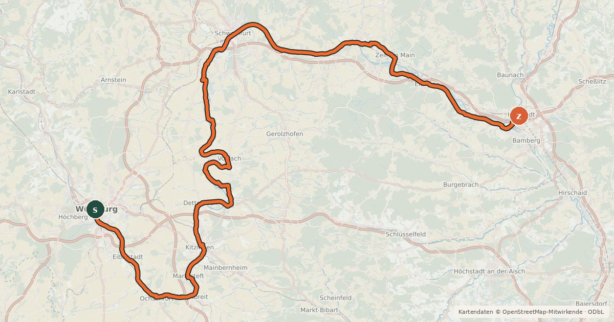 Kartenübersicht der Radroute EV4 Germany, Wurzburg - Bamberg