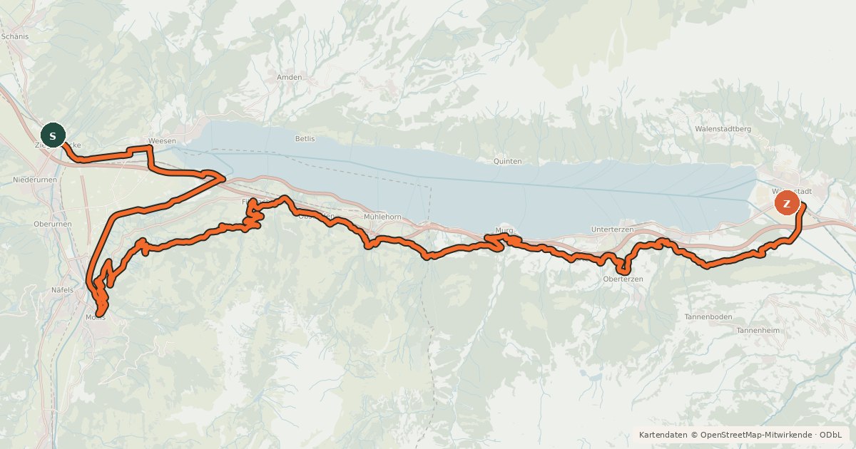 Kartenübersicht der Radroute ex. Heidiland Bike Etappe 1