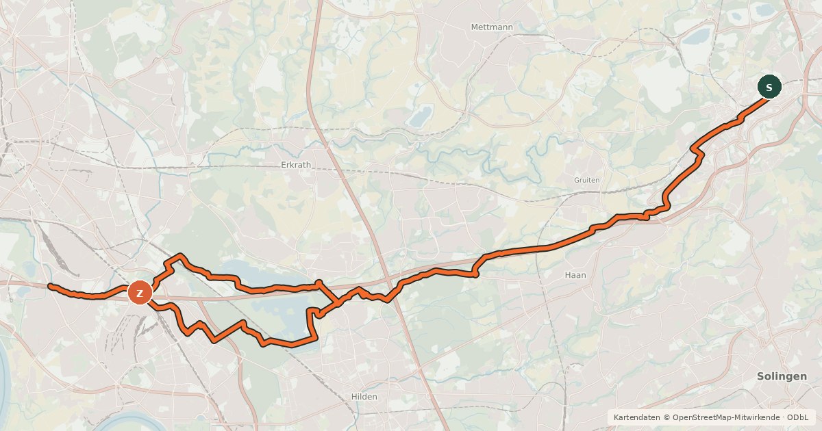 Kartenübersicht der Radroute Expressroute Wuppertal-Düsseldorf
