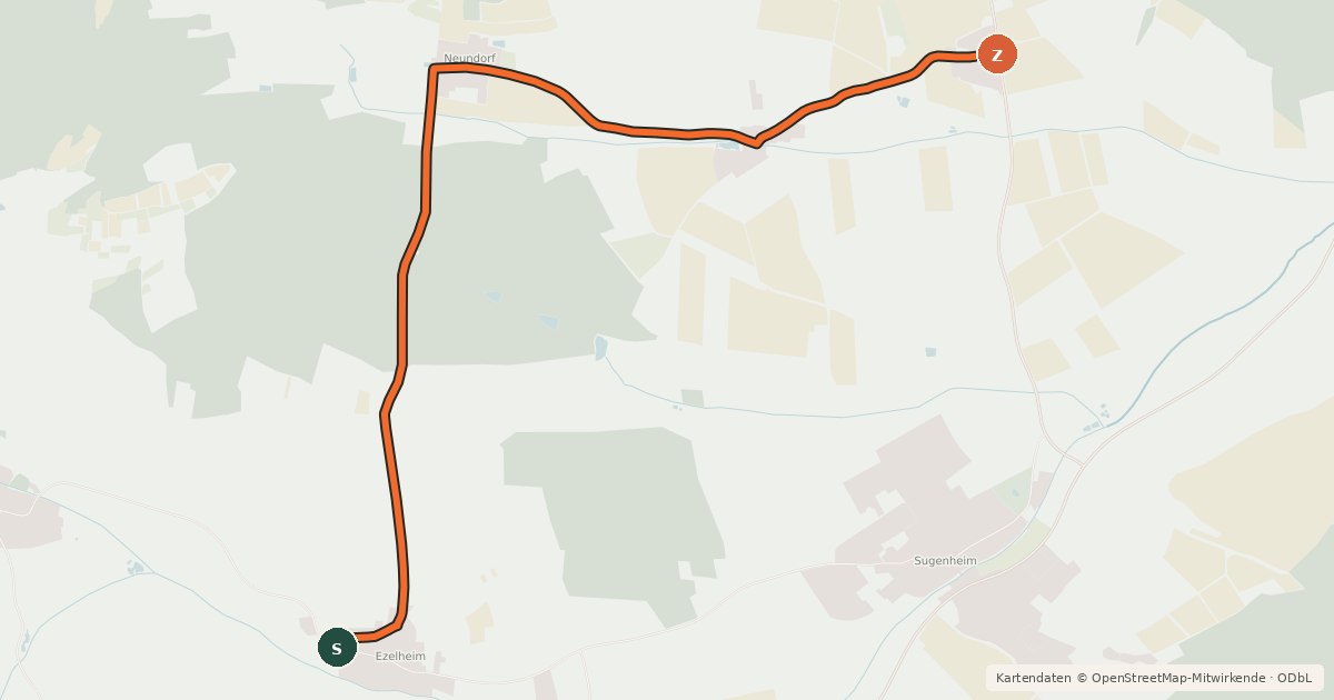 Kartenübersicht der Radroute Ezelheim - Hürfeld