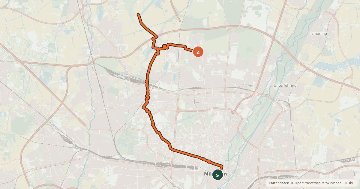 Kartenübersicht der Radroute Fahrradhauptroute Marienplatz - Feldmoching