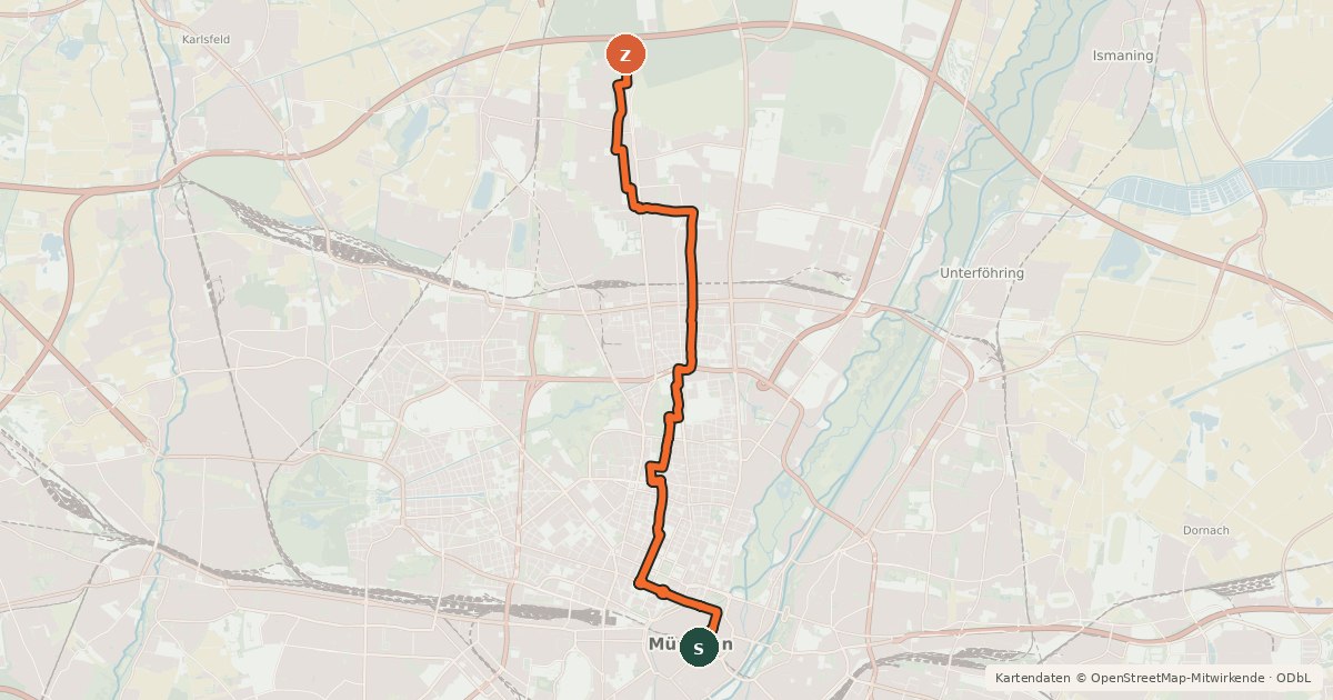 Kartenübersicht der Radroute Fahrradhauptroute Marienplatz - Harthof - Hasenbergl