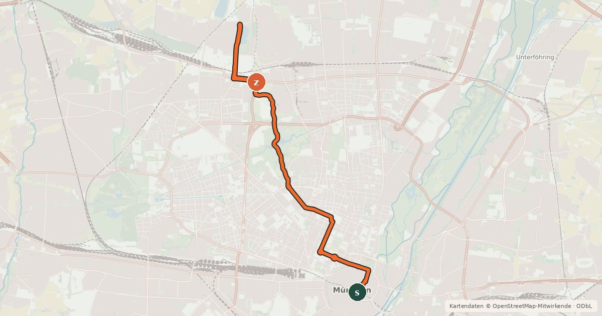 Kartenübersicht der Radroute Fahrradhauptroute Marienplatz - Lerchenauer See