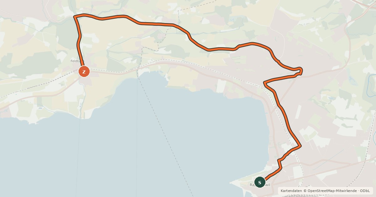 Kartenübersicht der Radroute Fahrradroute Rapperswil - Feldbach