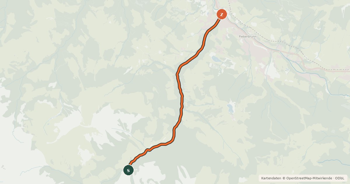 Kartenübersicht der Radroute Fieberbrunn-Herrgottbrücke
