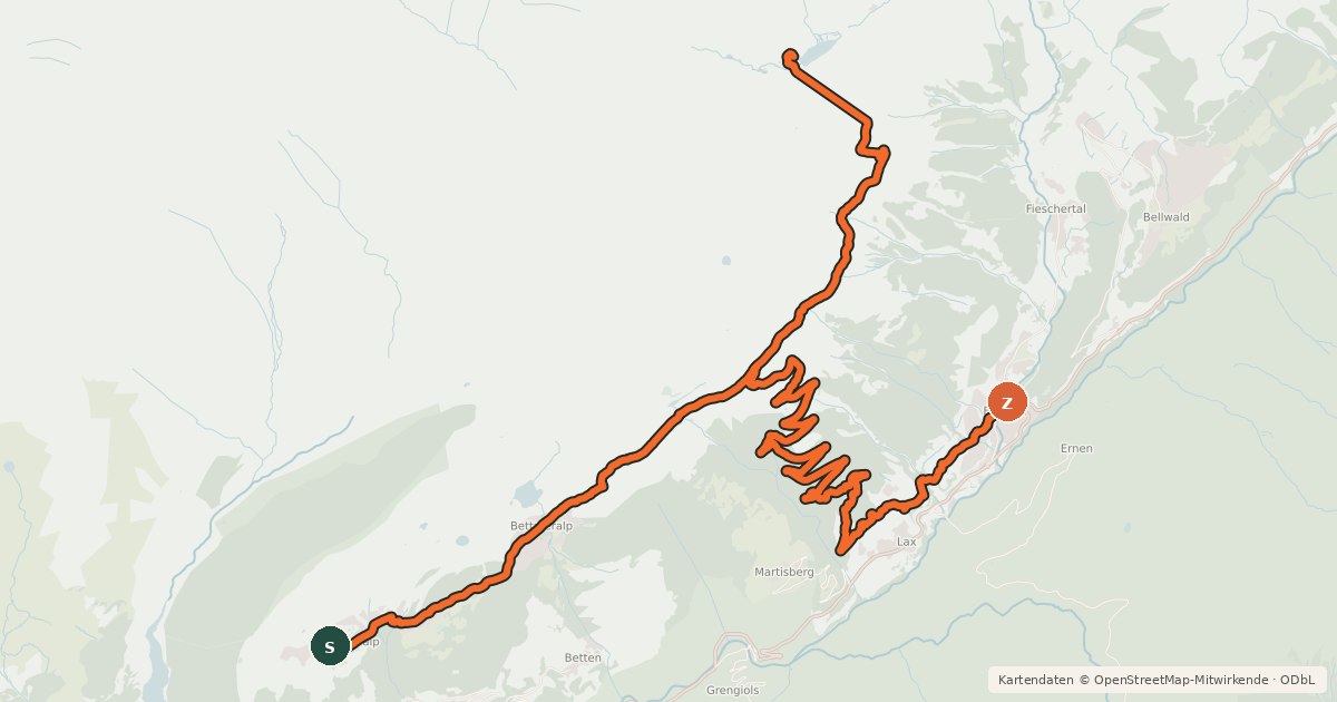 Kartenübersicht der Radroute Fiescheralp - Märjela