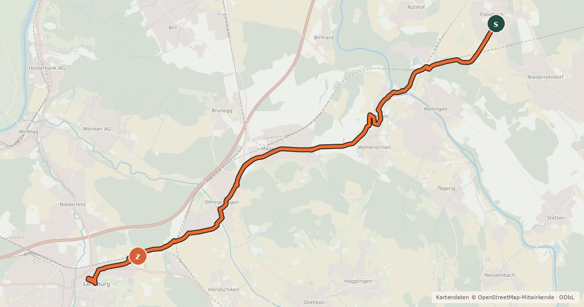 Kartenübersicht der Radroute Fislisbach-Mägenwil-Lenzburg