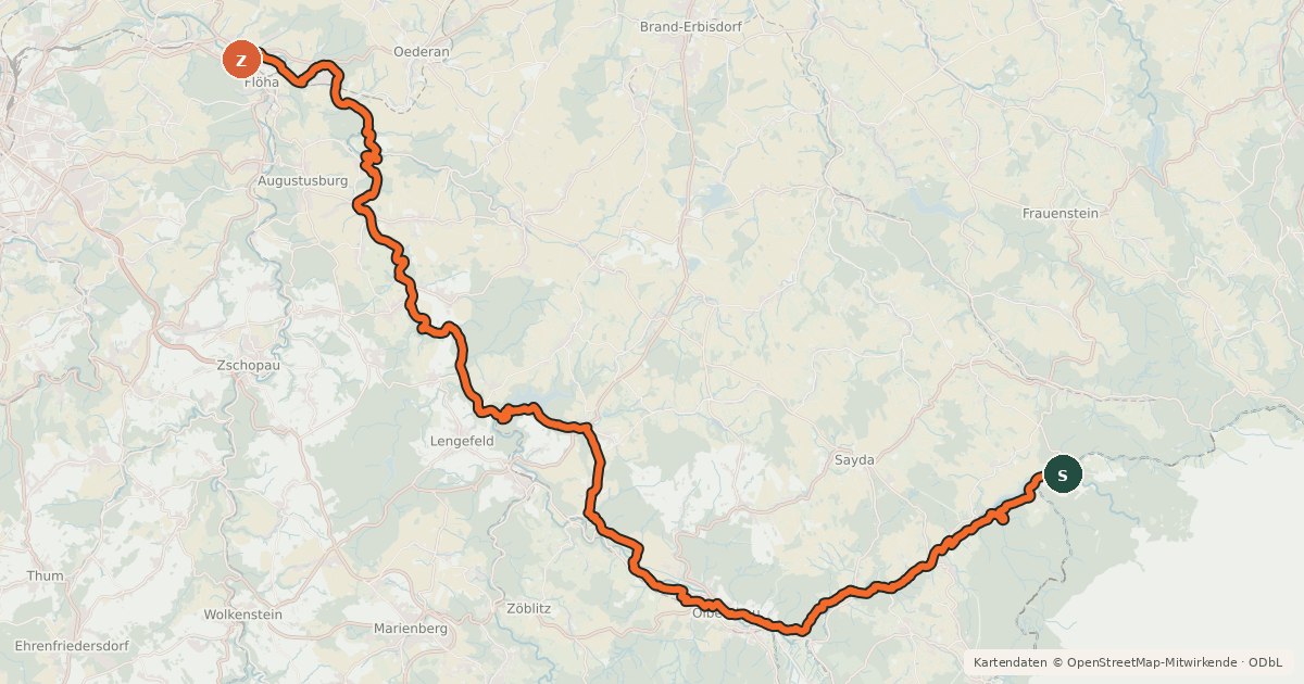Kartenübersicht der Radroute Flöhatalradweg