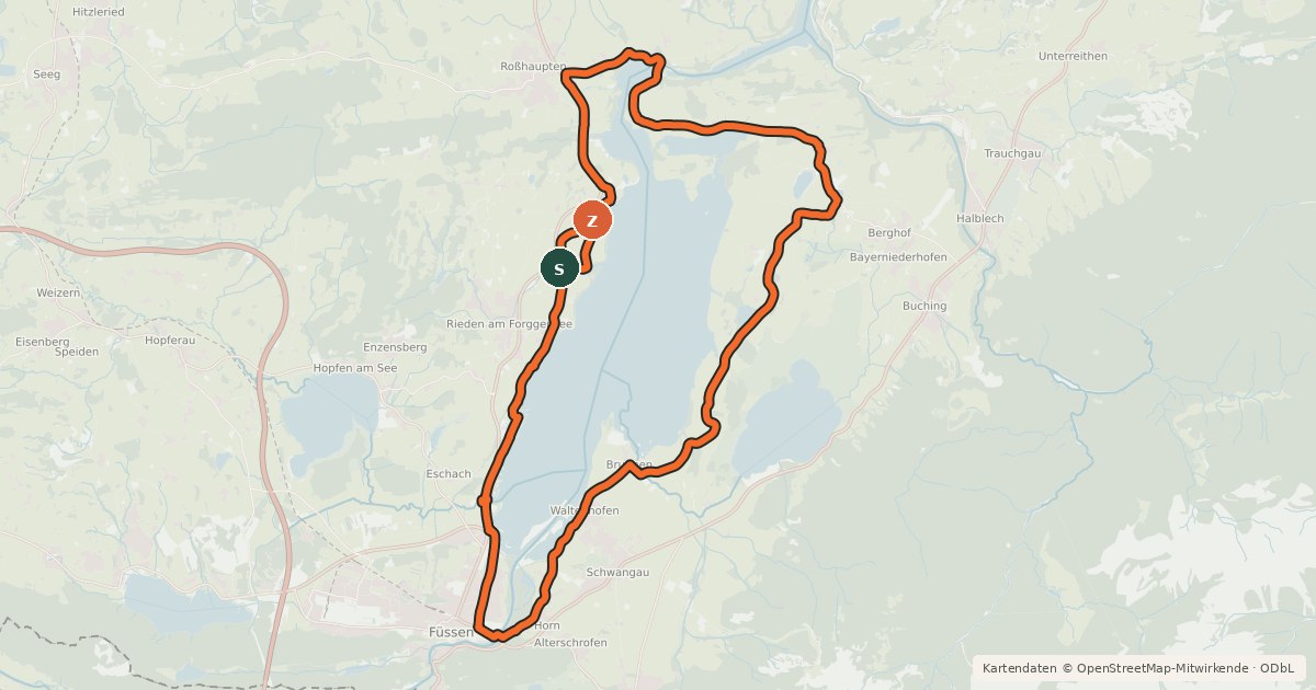 Kartenübersicht der Radroute Forggensee-Runde
