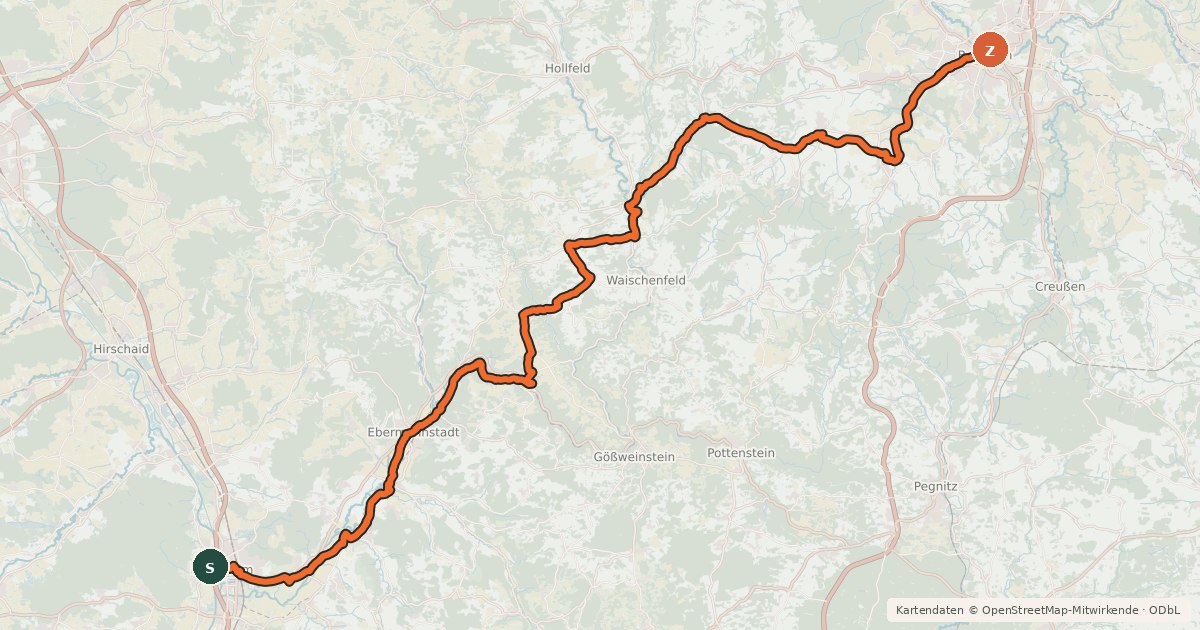 Kartenübersicht der Radroute Fränkische-Schweiz-Radweg