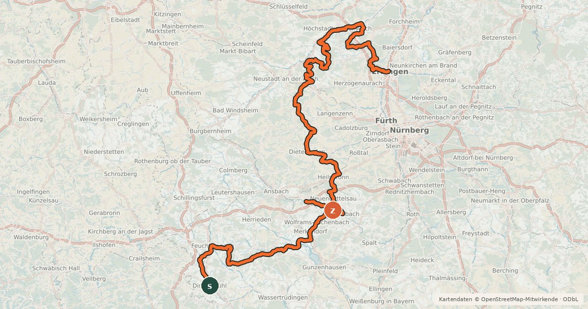 Kartenübersicht der Radroute Fränkischer Karpfen-Radweg