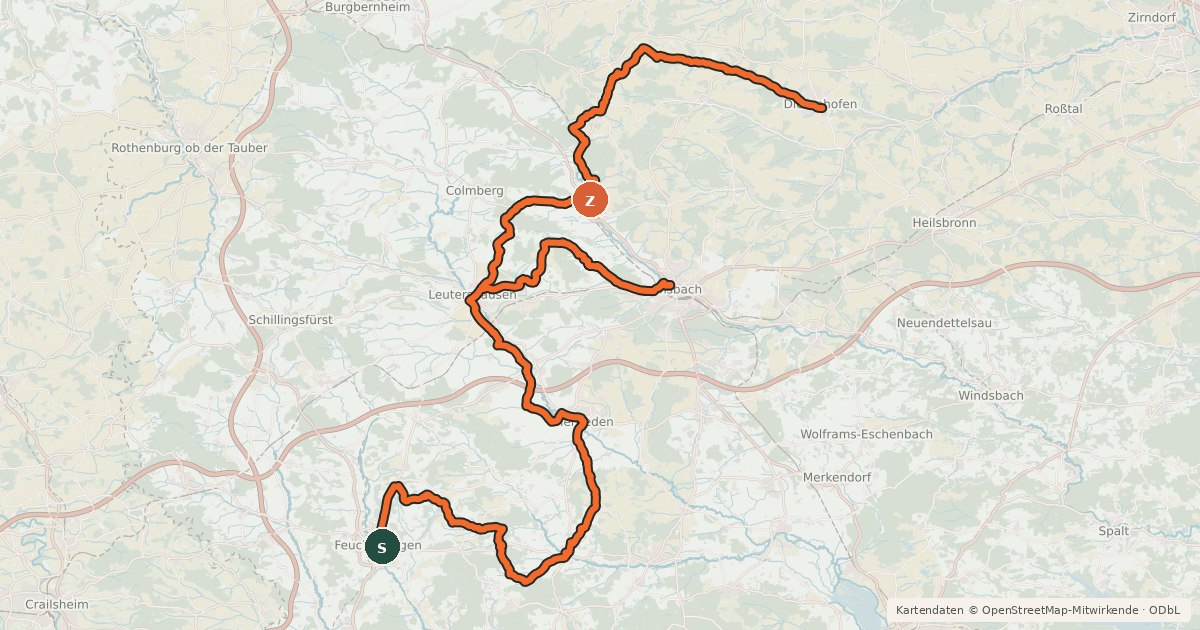Kartenübersicht der Radroute Fränkischer Karpfenradweg (Alternativroute)