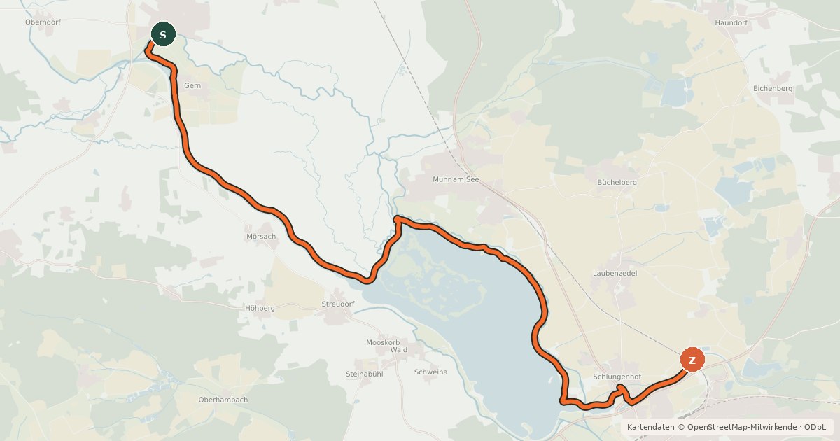 Kartenübersicht der Radroute Fränkischer Seenland Radweg