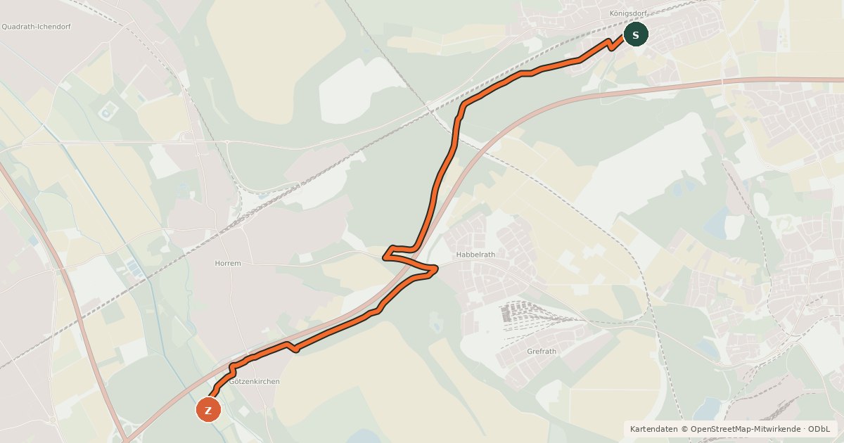 Kartenübersicht der Radroute Frechen (35) - Kerpen (46)