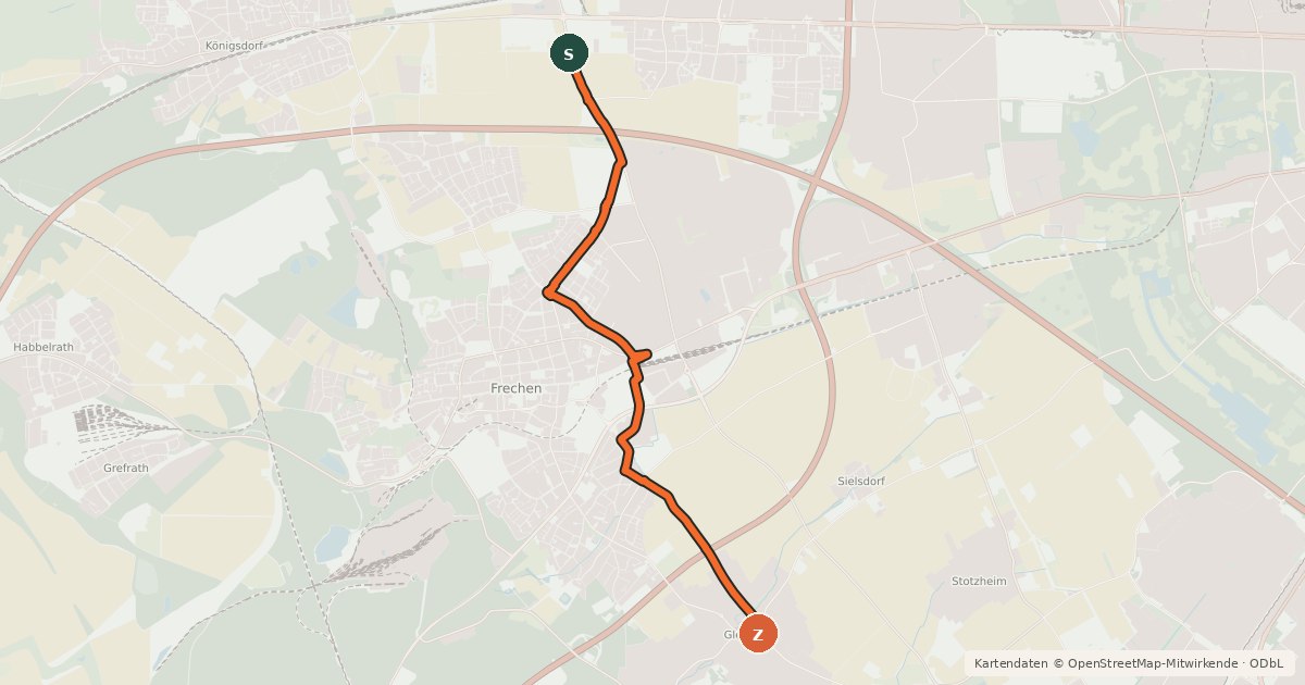 Kartenübersicht der Radroute Frechen (39) - Hürth (40)