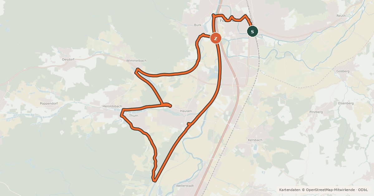 Kartenübersicht der Radroute Freizeitpark - Tour Schloß Thurn
