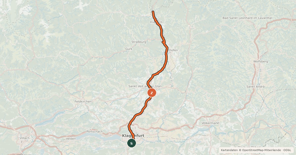 Kartenübersicht der Radroute Friesacherweg