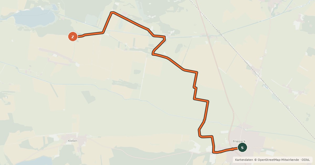 Kartenübersicht der Radroute Friesack (40) - Neustadt (66)