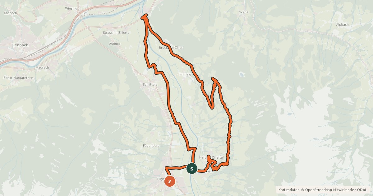 Kartenübersicht der Radroute Fügen - Bruck- Hart