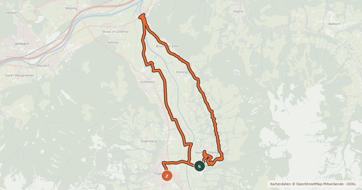 Kartenübersicht der Radroute Fügen - Hart - Bruck