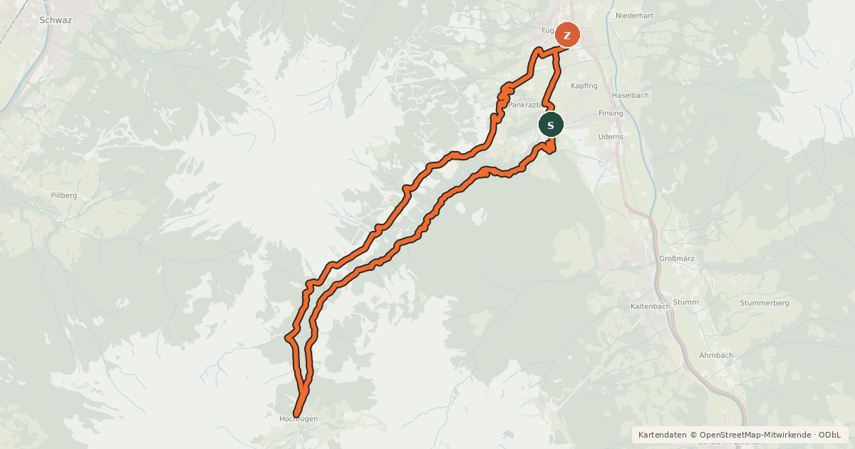 Kartenübersicht der Radroute Fügen - Kupfnerberg - Finsingtal - Hochfügen