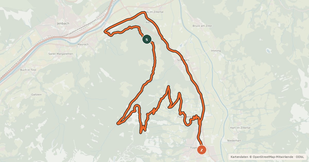 Kartenübersicht der Radroute Fügen - Öxltal - Schlitterberg - Straß