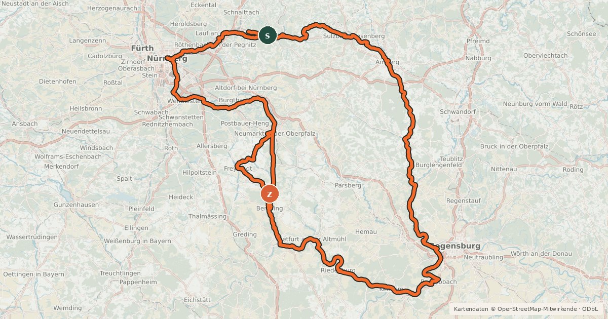 Kartenübersicht der Radroute Fünf-Flüsse-Radweg (Hauptweg)